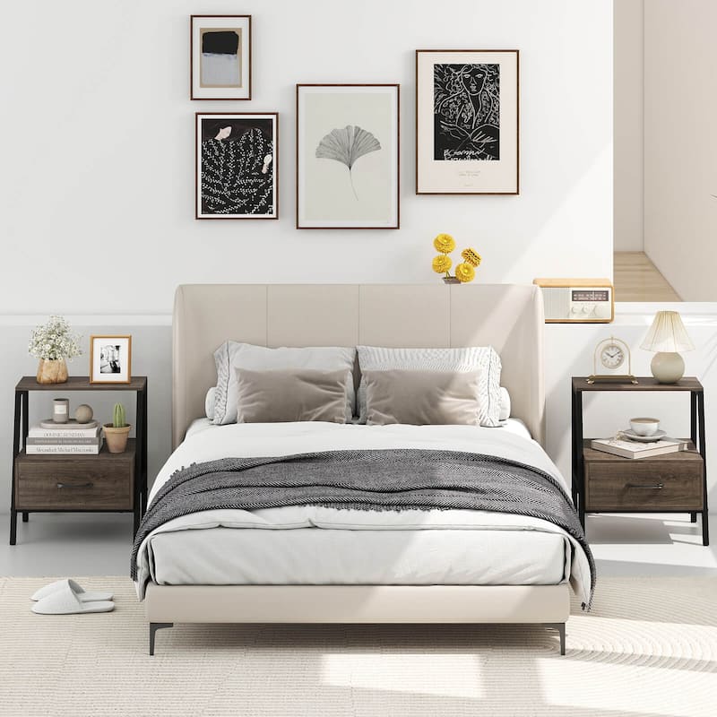 Costway 1/2 PCS Nightstand with Drawer Farmhouse 3-Tier Bedside Table