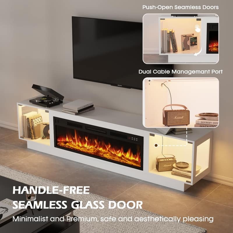 BOSSIN 80" Fireplace TV Stand with Adjustable LED Lights, Modern Entertainment Center with Glass Door Storage Cabinet, Black