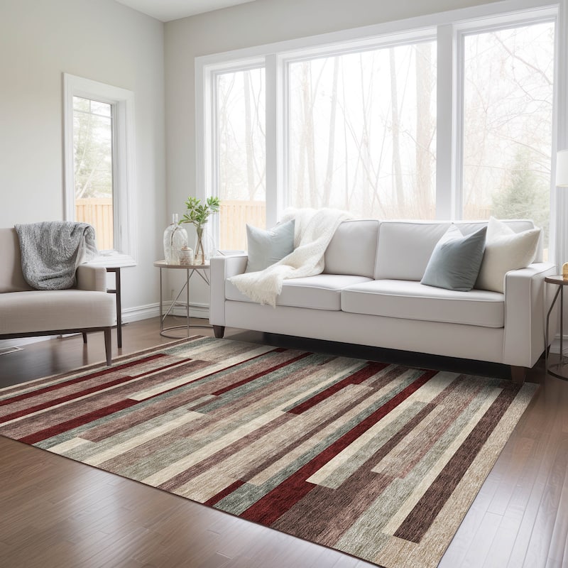 Machine Washable Indoor/ Outdoor Modern Stripes Chantille Rug