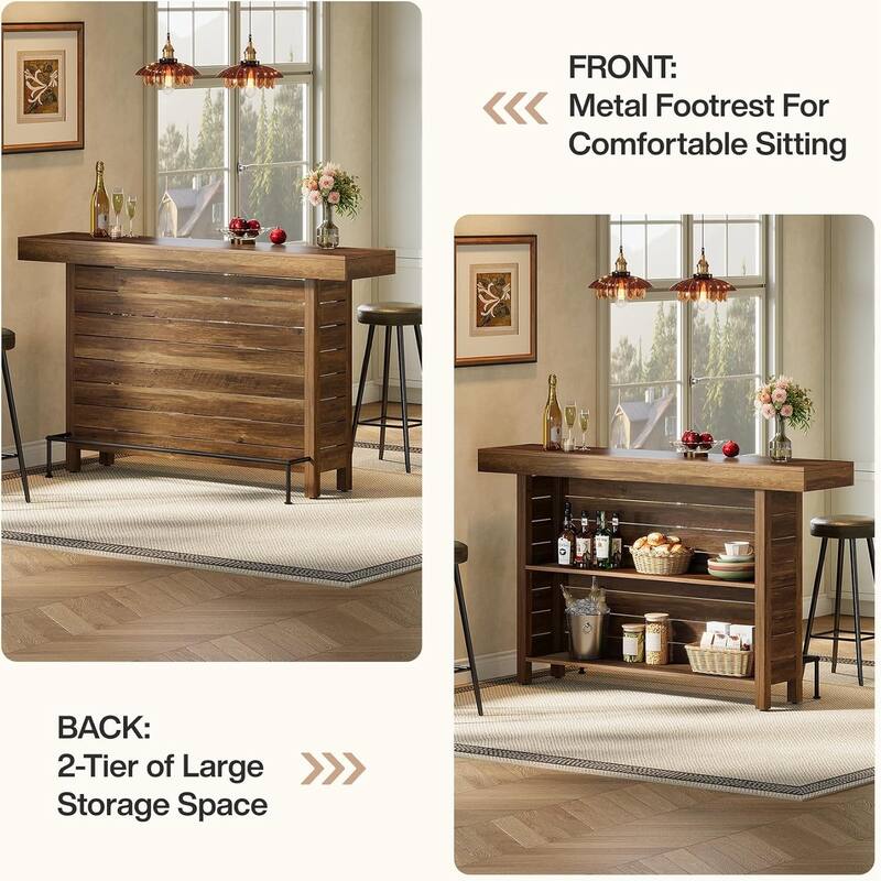 63" Industrial 3-Tier Bar Table, Wooden Rectangular Home Bar Unite for Home Kitchen, Living Room