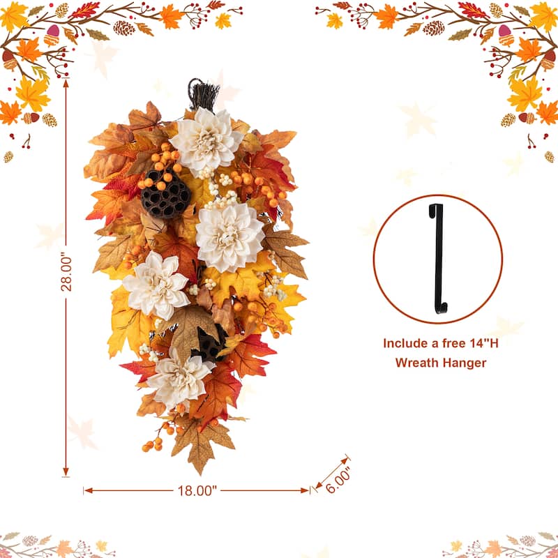 Glitzhome Hello Fall Lotus Berry Floral Wreath Swag with Black Metal Wreath Hanger