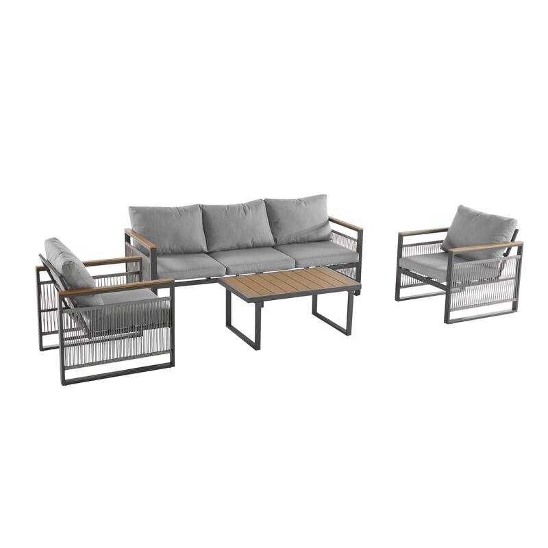 4 Pcs Outdoor Patio Furniture Set, 5 Seats All-weather Patio Conversation Set with Water Repellent Cushion and Coffee Table