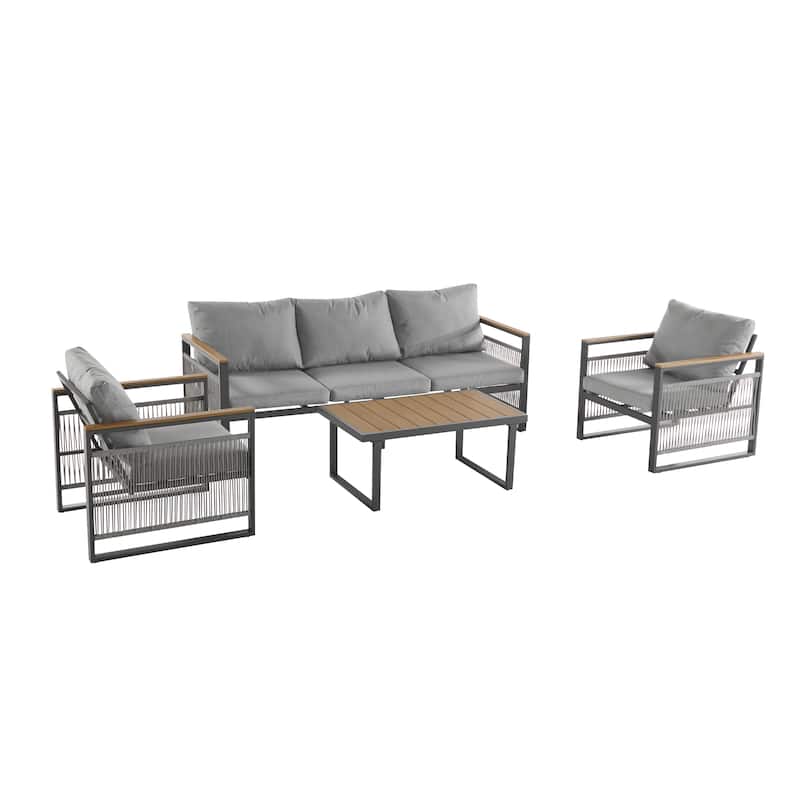 Roomfitters 4 Piece Outdoor Patio Set Metal Frame Rope Woven Deep Seating Sofa, Natural Gray