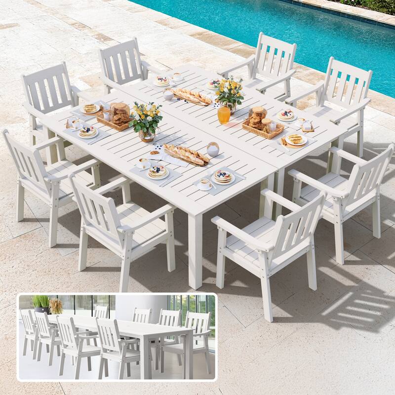 WINSOON 10-Piece HIPS All Weather Outdoor Patio Dining Sets with Umbrella Hole& Aluminum Frame,2-Table 8-Chairs - White