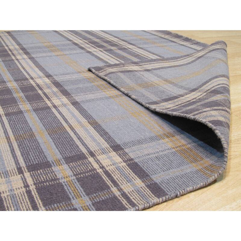 Blue Handmade Wool Transitional Plaid Rug, 10' x 14', Plush Soft Statement Design - L