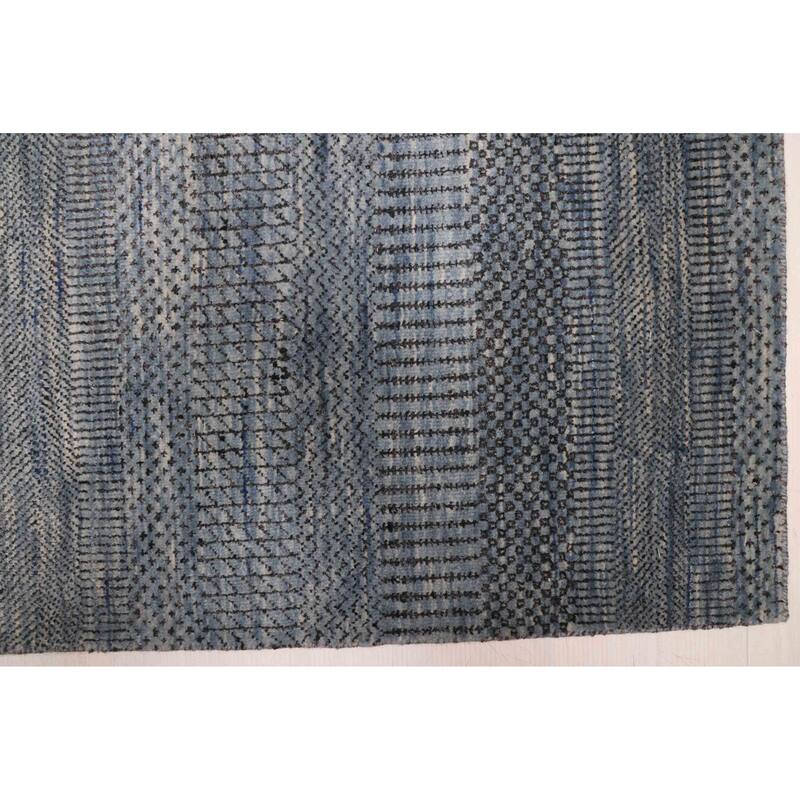 ECARPETGALLERY Hand-knotted Finest Silk Shadow Dark Blue Viscose, Wool Rug - 2'7 x 14'1