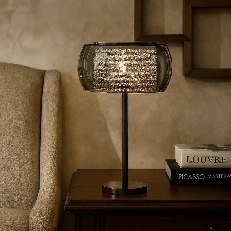 Hana 30 Inch Table Lamp, Modern Crystal Glass Shade, Metal, Black Nickel