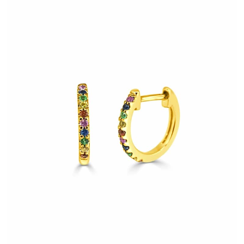 Joelle Collection Multi Sapphire Huggie Earring - 14K Gold Earrings U-Shaped Hoops With Rainbow Sapphires - Yellow