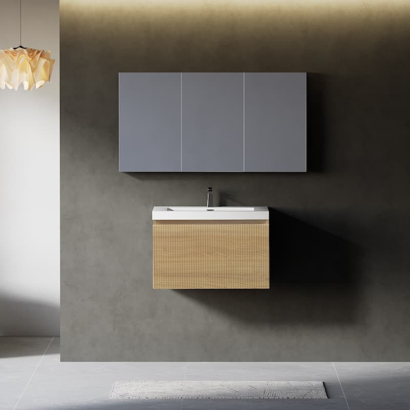 24'' Floating Bathroom Vanity with Sink Combo, Modern Wall-Mounted Striped Bathroom Storage Cabinet with Soft-Close Drawer - Oak Natural Wood + OFF White