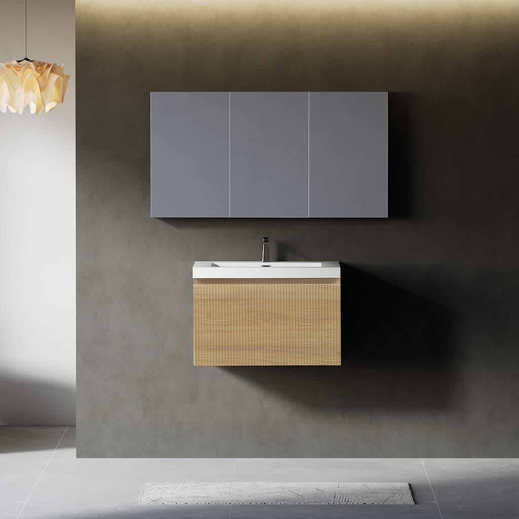 24'' Floating Bathroom Vanity with Sink Combo, Modern Wall-Mounted Striped Bathroom Storage Cabinet with Soft-Close Drawer