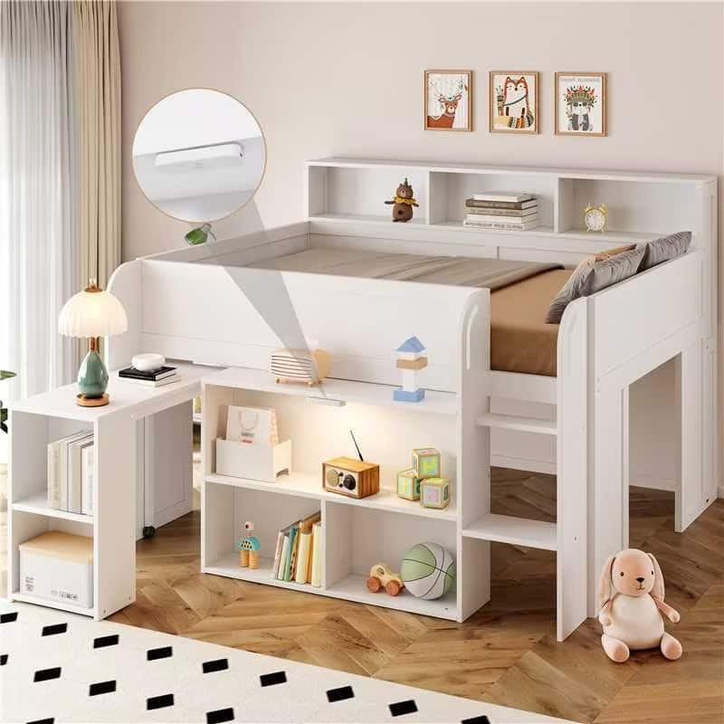 Full Size Wood Kids Loft Bed Frame with Pull-out Desk, Multiple Storage Bookshelf Built-in LED