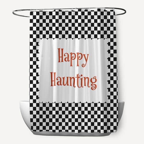 slide 2 of 3, Halloween Happy Haunting Checks Shower Curtain Black