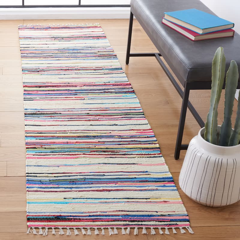 SAFAVIEH Handmade Rag Rug Jakayla with Fringe Casual Stripe - 2'3" x 10' Runner - Ivory/Multi