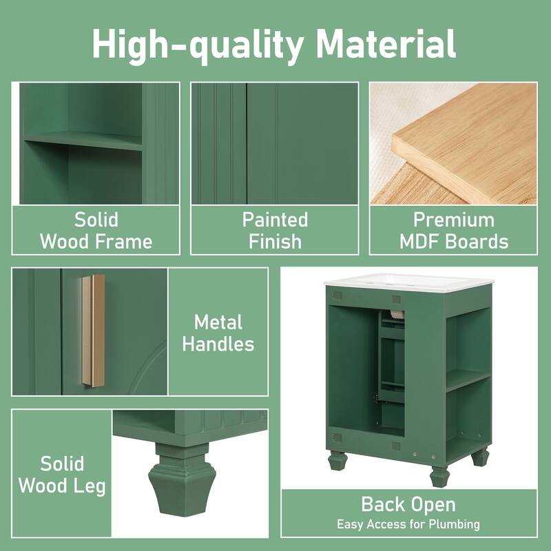 24" Bathroom Vanity with Ceramic Sink, Pine Wood Frame, Soft-Close Door & Side Open Storage