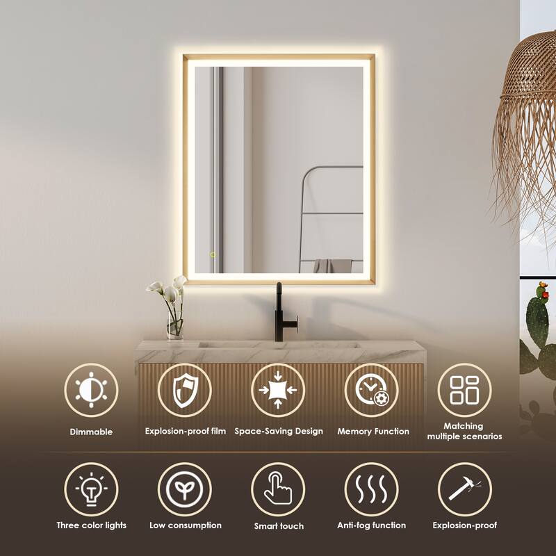 Apollo Rectangular Anti-Fog Dimmable Modern Bathroom/Vanity LED Lighted Wall Mirror in Brushed Gold Aluminum Framed