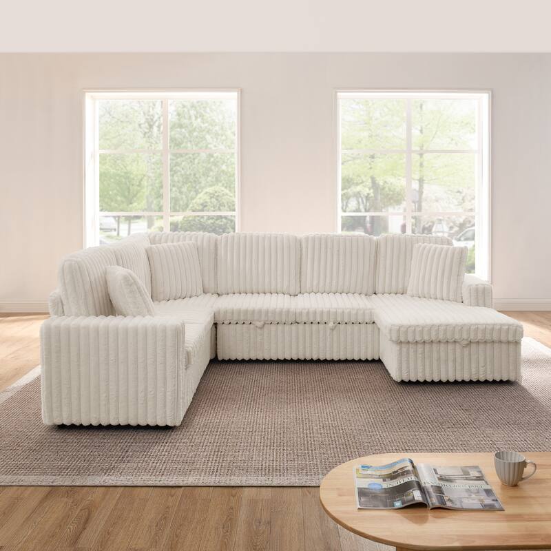 Corduroy Upholstered Reclining Sofa U-shaped Sleeper Sectional Couch with Pull Out Bed, Storage Chaise and Adjustable Backrests