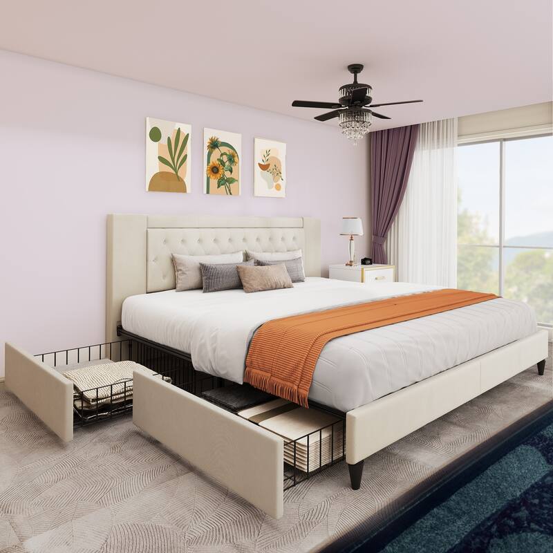 Moasis King Upholstered Platform Bed Frame with 4 Storage Drawers