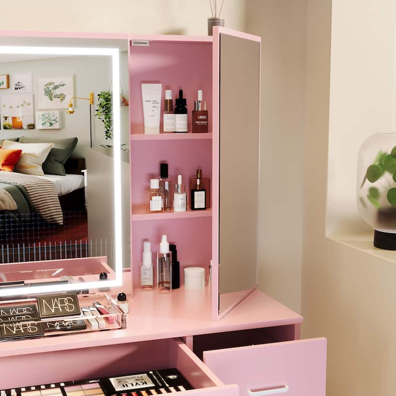 Vanity Set with Lighted Mirror,Extra Large Mirror Makeup Vanity Table with 7 Drawers,white