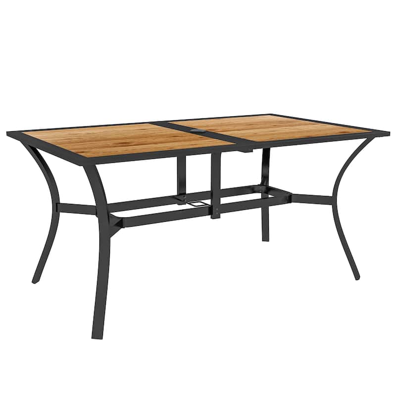 Outsunny Rectangle Outdoor Dining Table for 6 People, Faux Wood Rectangular Patio Table with Umbrella Hole, Steel Frame