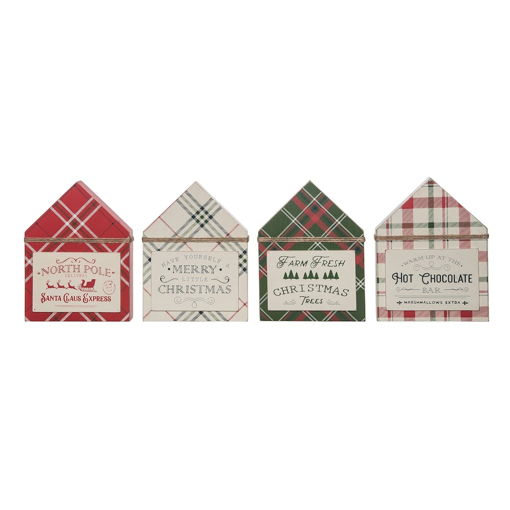 Transpac MDF Plaid & Home Shaped Block Decor Set of 4 Christmas Home Decorations
