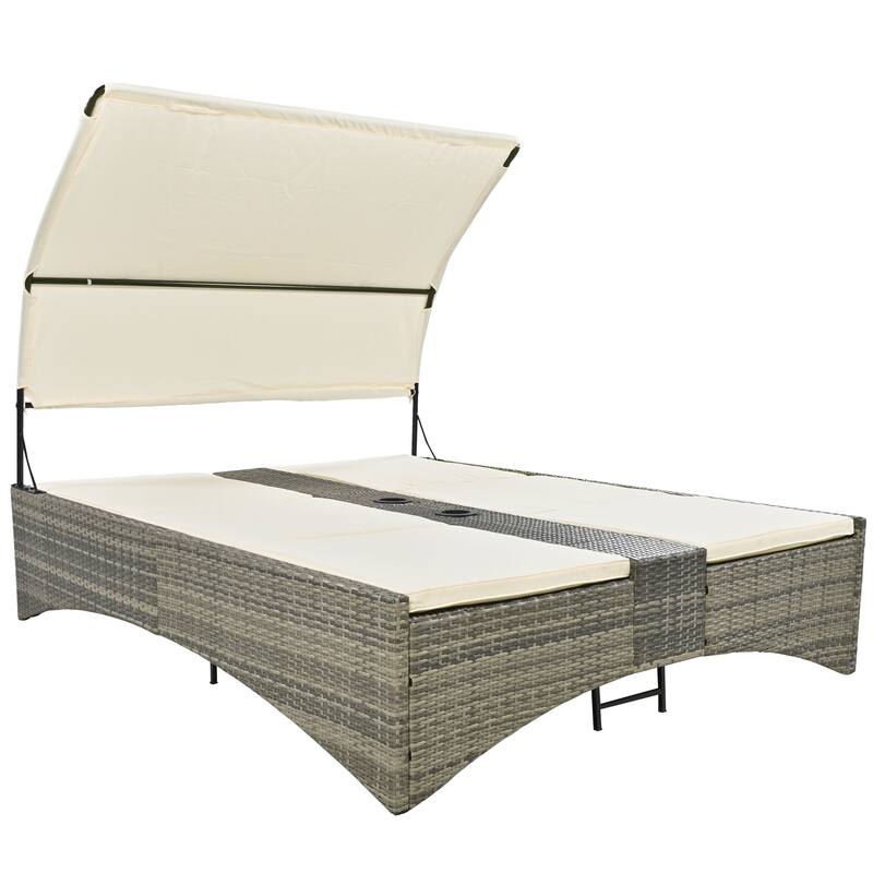 Outdoor Patio Rattan Daybed Sunbed with Canopy and Adjustable Backrest, Storage Box and 2 Cup Holders
