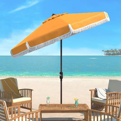 SAFAVIEH Milan Fringe 9 Ft Crank Yellow/ White Trim Outdoor Umbrella