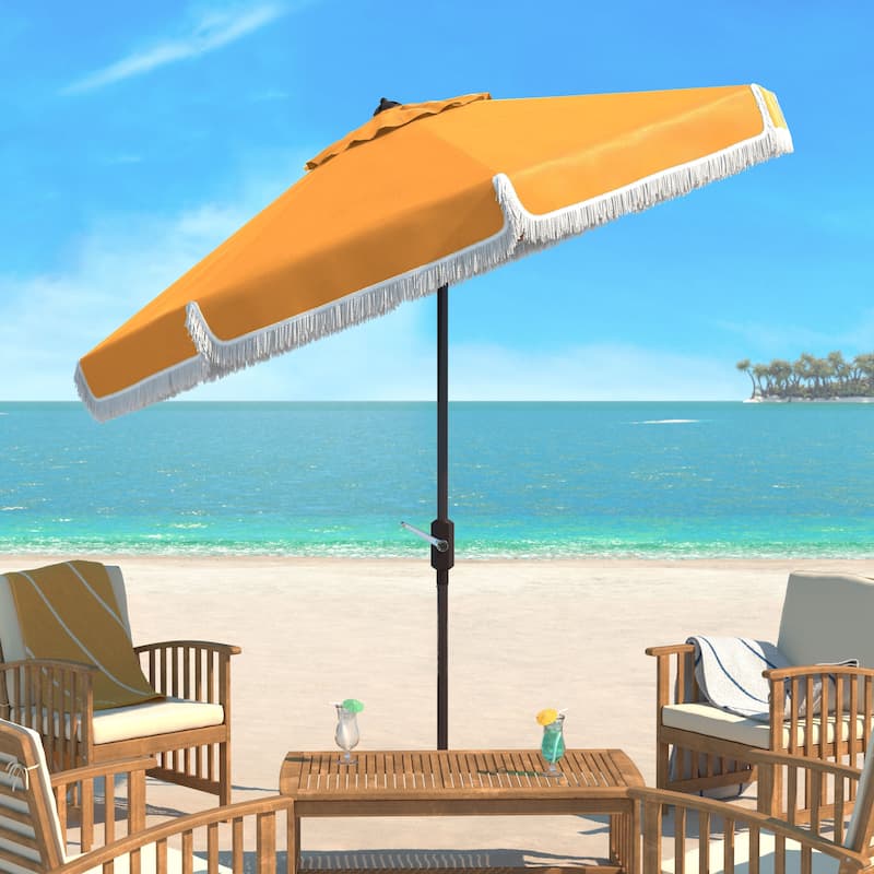 SAFAVIEH Ronette Fringe 9 Ft Crank Outdoor Umbrella - Yellow/White