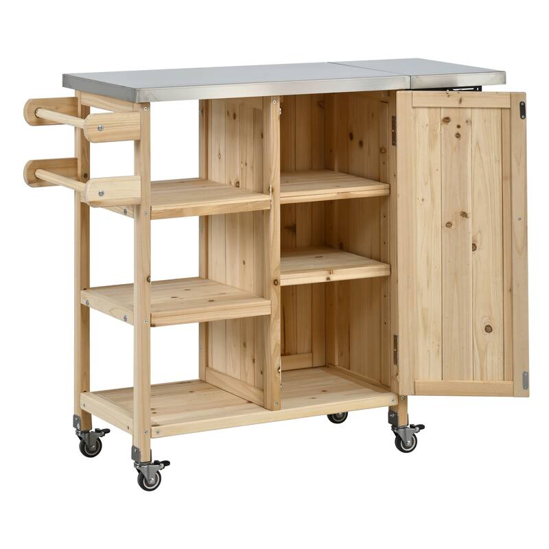 Foldable Outdoor Portable Kitchen Island Cart with Lockable Wheels, Storage Cabinet & Towel Rack