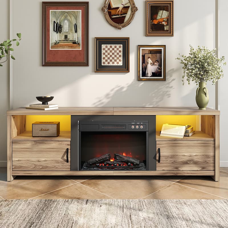 Bestier 70" Fireplace TV Stand for TVs up to 75", LED Entertainment Center with 23" Remote Control Electric Fireplace - Beige