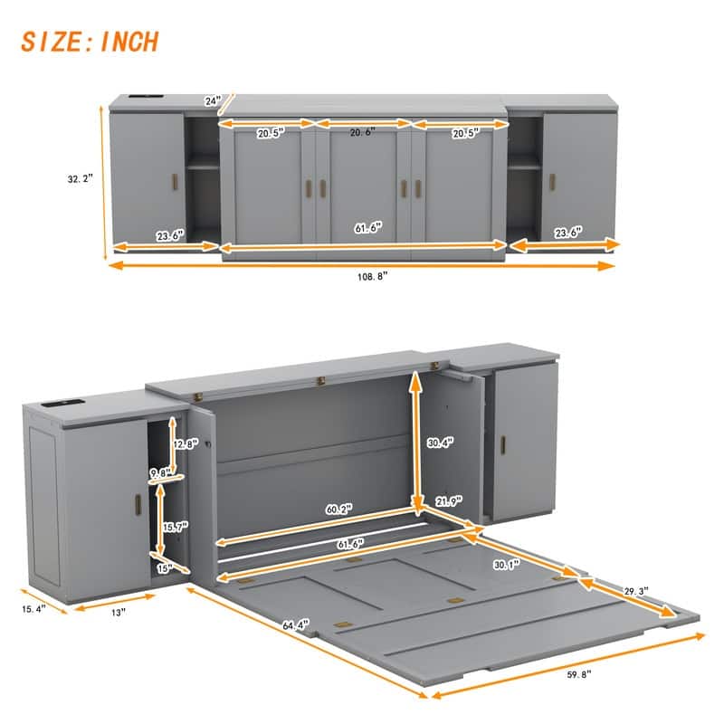 Murphy Bed with Shelves Queen Size, Wall Bed with Storage Cabinets and USB Ports