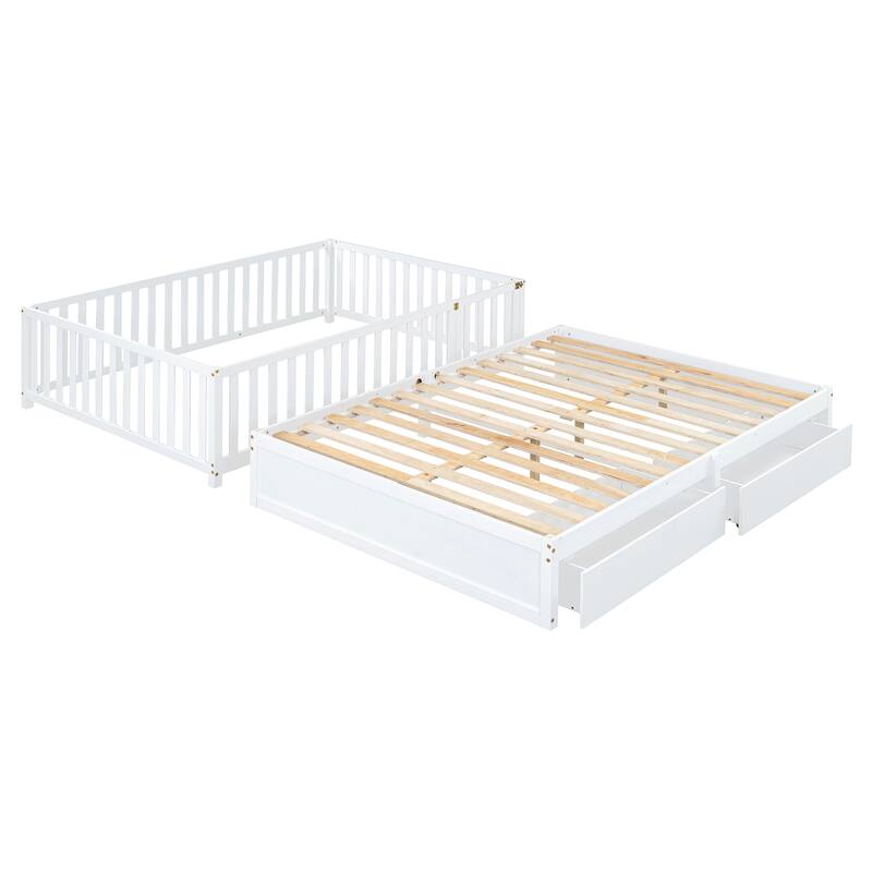 Pine Wood Daybed Floor Bed Frame with Fence Guardrails and 2 Drawers, Converts into Two Individual Beds, No Box Spring Needed
