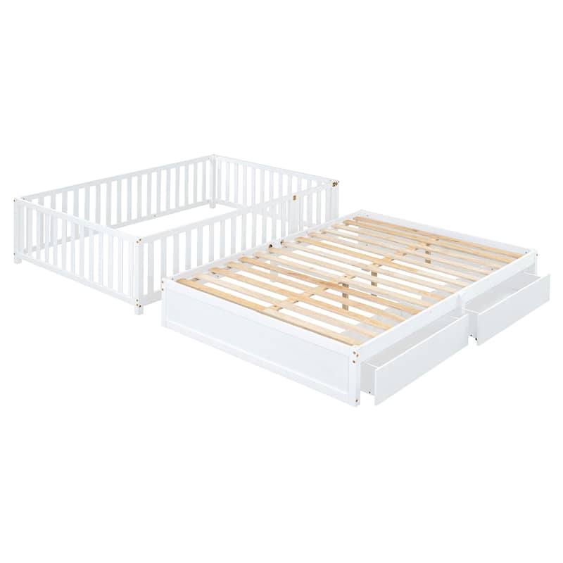 Wood Daybed with Fence Guardrails and 2 Drawers