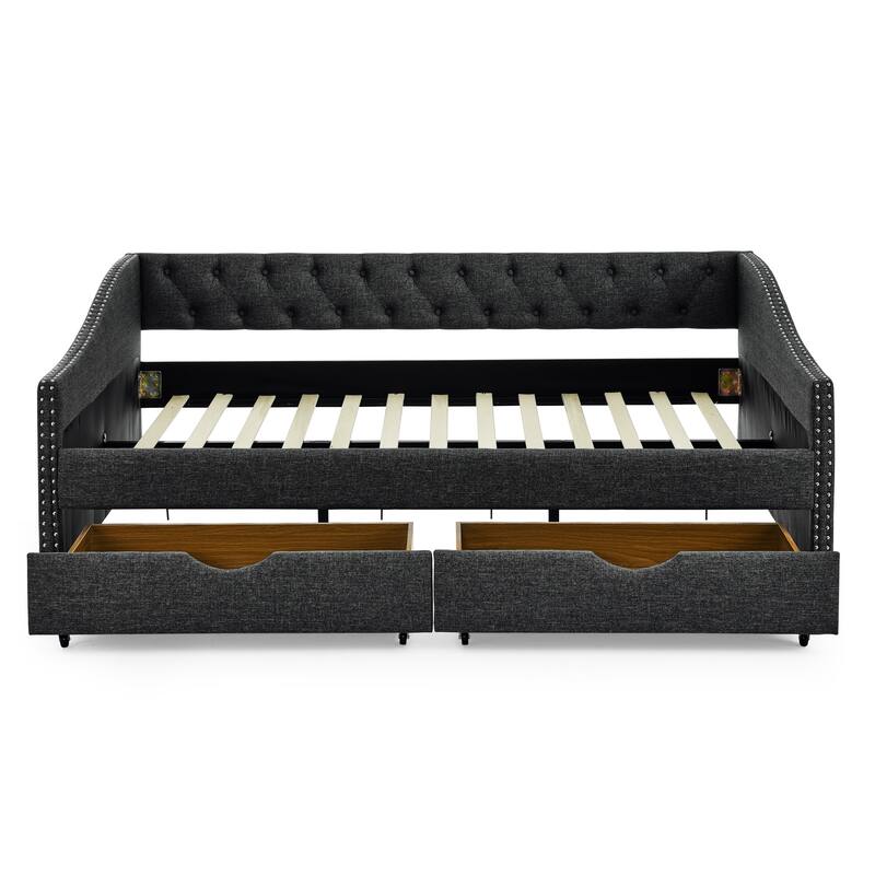 Tufted Button Daybed with 2 Storage Drawers/Upholstered Sofa Bed Frame w/Copper Nail on Waved Shape Armrests/No Spring Box Need