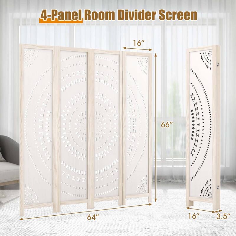 Costway 66" Boho 4-Panel Room Divider with Carved Pattern & Solid Wood - See Details