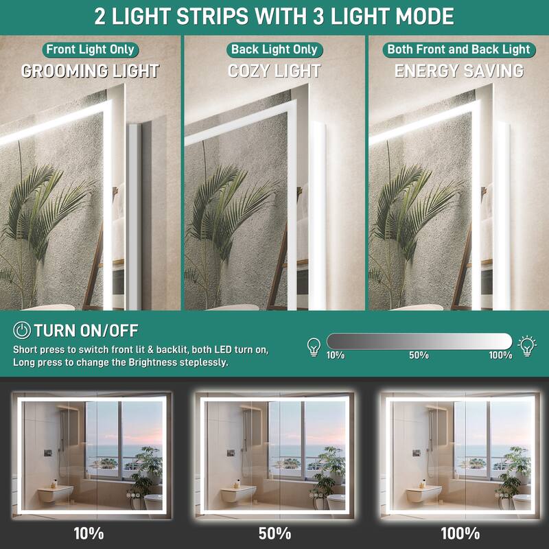 Durx-litecrete Rectangular Frameless Wall Mount 3 Colors Dimmable Anti-fog LED Bathroom Vanity Mirror