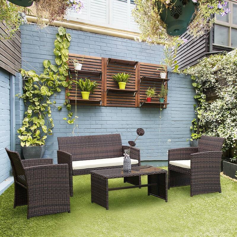 Complete 4-Piece Outdoor Patio Rattan Wicker Furniture Ensemble - 43.5" x 25.5" x 31.0" (L x W x H)