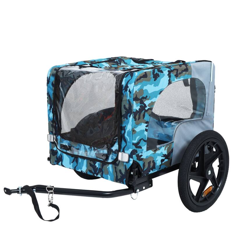 Outdoor Collapsible Pet Bike Trailer With 16-Inch All-Terrain Wheels & Universal Hitch-Foldable Dog/Cargo Carrier Cart - Blue+Grey