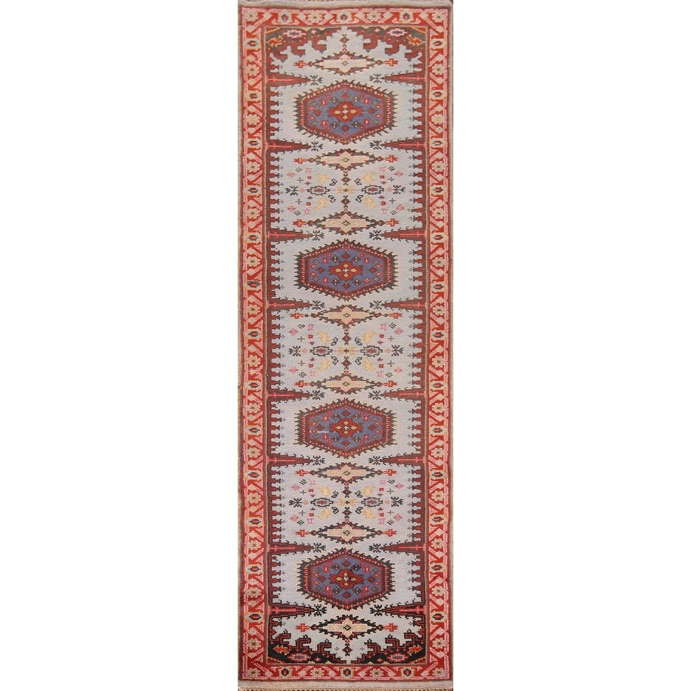 Light Blue Geometric Viss Oriental Runner Rug Handmade Wool Carpet - 2'6"x 10'0"
