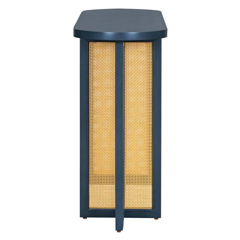 Acacia Veneer Rattan Console Table Narrow Hallway Tables with Oval Table Top, Entryway Table with Storage Drawers