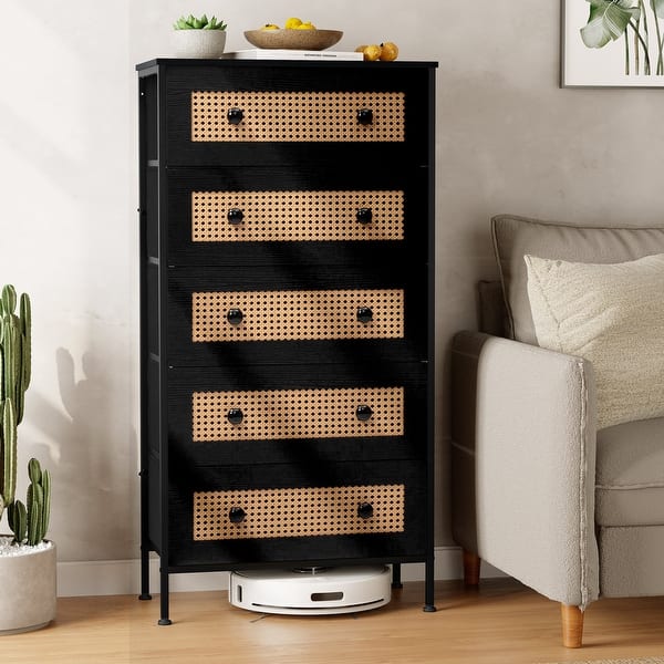 black dresser with pre-woven rattan drawers Frances Woven Rattan Tall 4 Drawer Dresser, Black - daals