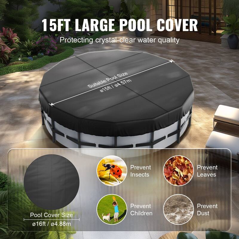 Round Pool Cover Waterproof Solar Cover for Above Ground Pools Black