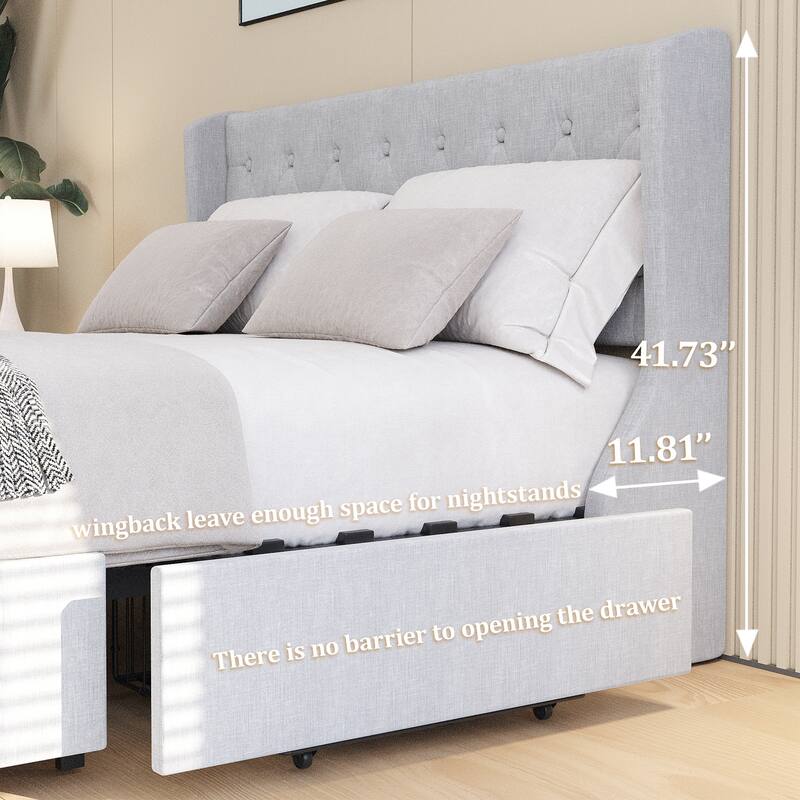 Full/Queen Size Platform Bed with 4 Drawers and Wingback Headboard