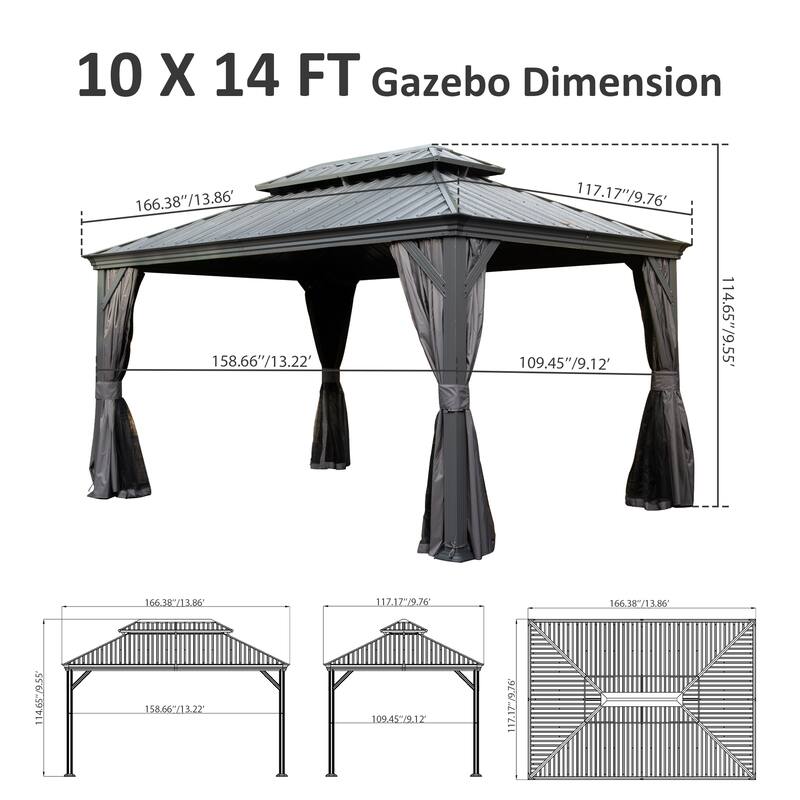 10' X 14' Hardtop Gazebo with Drainage System, Galvanized Steel Roof, Curtains, and Netting for Outdoor Living