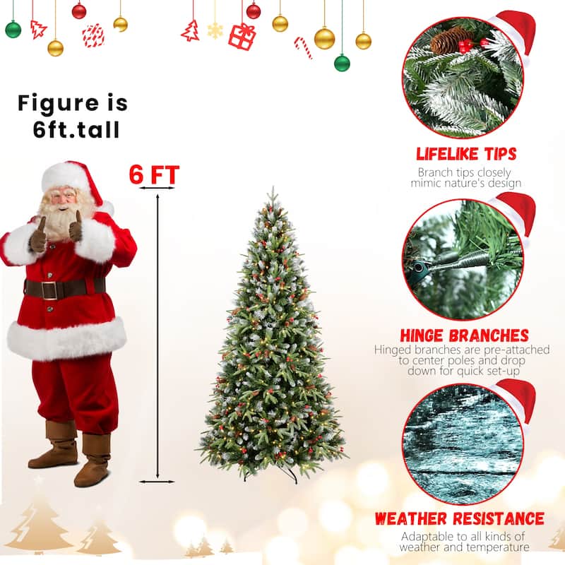 5FT Christmas Tree with 250 Warm White LED Lights-1131 Snow-Tipped PE+PVC Branches, Red Berries&Pine Cones,Hinged Design