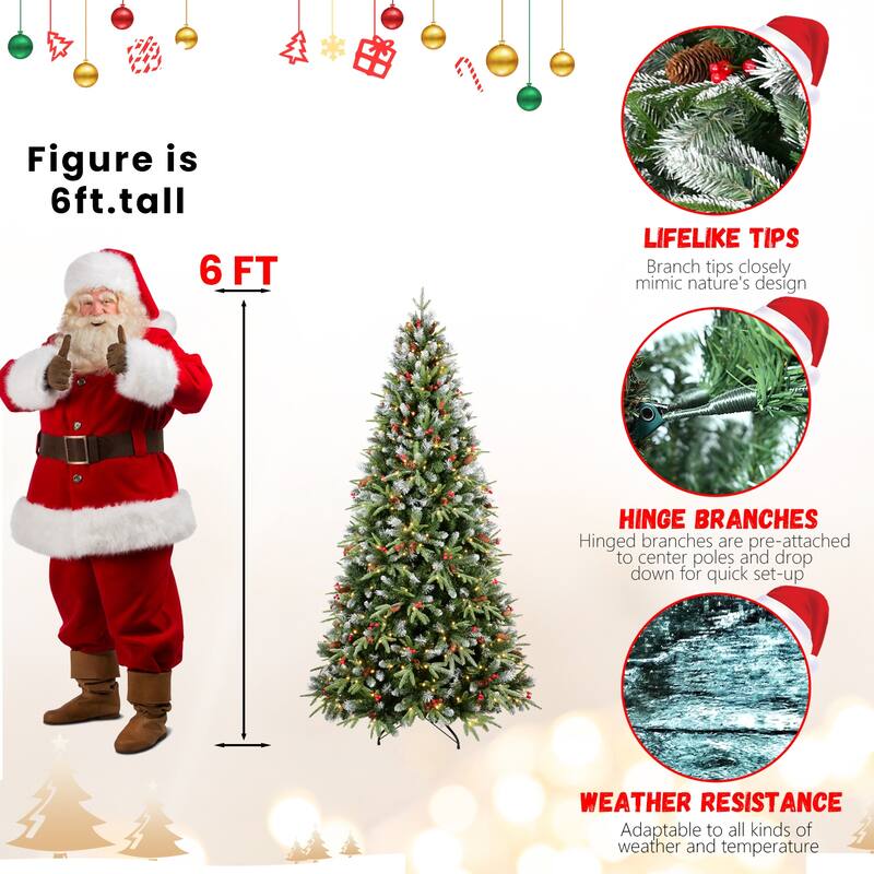 8FT Christmas Tree with 600 Warm White LED Lights-2850 Snow-Tipped PE+PVC Branches, Red Berries & Pine Cones,Hinged Design