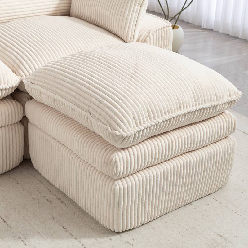 L Shaped Sectional Sofa Corduroy Upholstered Boneless Couches with Movable Footstool, With Three Pillows and Two Lumbar Pillows