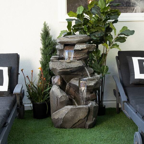 slide 2 of 11, Alpine Corporation 40" Tall Outdoor 5-Tier Rock Cascading Waterfall Fountain with LED Lights