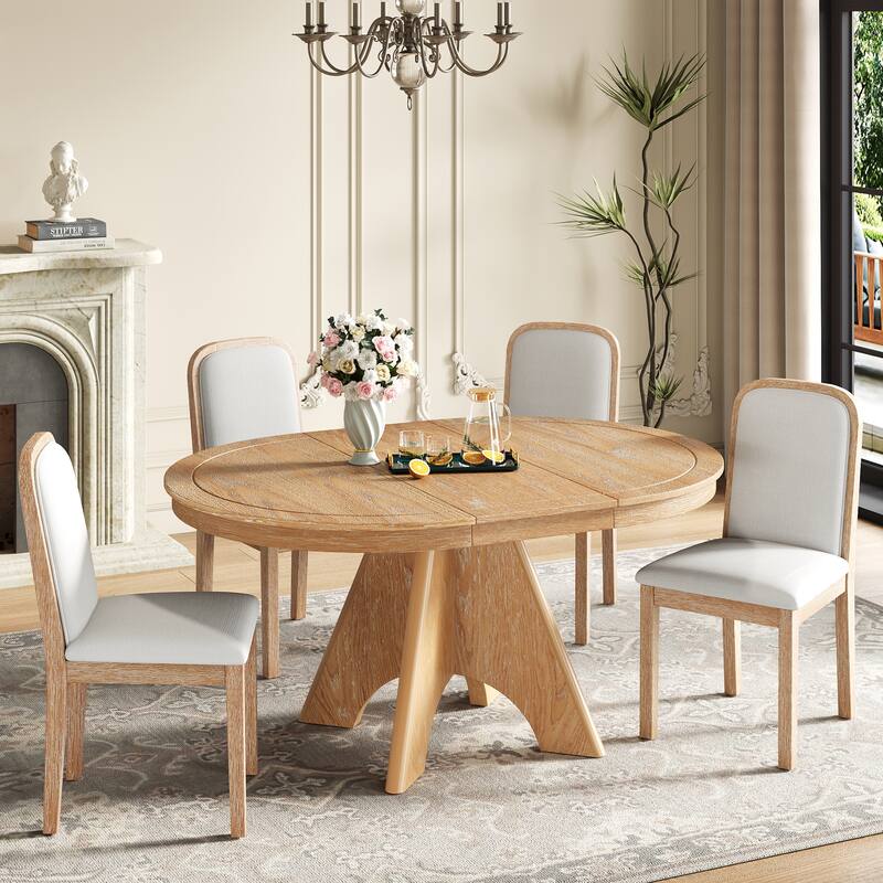 Vintage 5-Piece Extendable Dining Table Set with 4 Upholstered Chairs for Rustic Farmhouse Kitchen Aesthetics - Natural