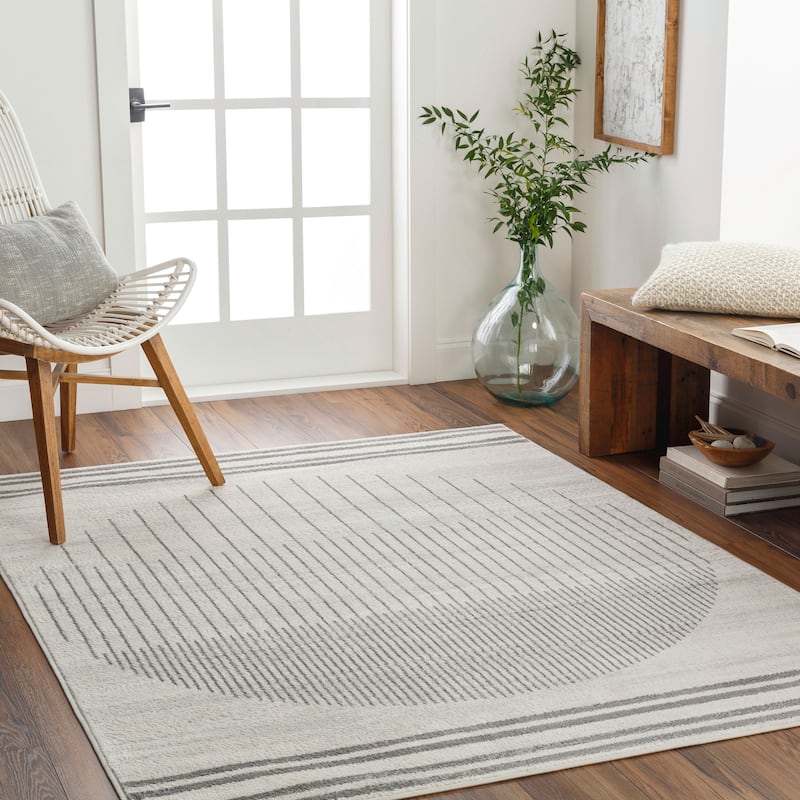 Livabliss Joel Mod Black/Ivory Ombre Geometric Striped Area Rug - Grey/Off-White - 6'7" Round