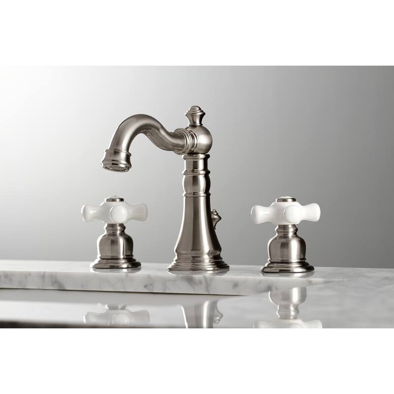 Kingston Brass American Classic Two-Handle 3-Hole Deck Mount Widespread Bathroom Faucet with Pop-Up Drain - Brushed Nickel
